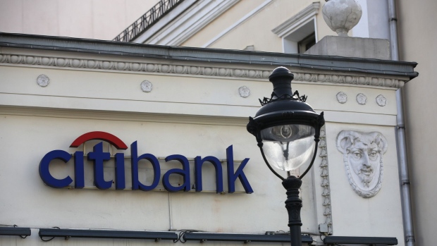 A 'Citibank' sign sits on display outside a Citigroup Inc. bank branch in Moscow, Russia, on Tuesday, April 10, 2018. Russia’s currency extended its plunge, dropping to the weakest level since Dec. 2016, as investors weighed the implications of the toughest U.S. sanctions yet.