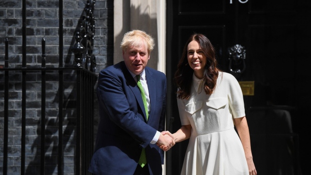 Boris Johnson, UK's prime minister, left, and Jacinda Ardern, New Zealand's prime minister, ahead of their bilateral meeting at 10 Downing Street in London, UK, on Friday, July 1, 2022. Johnson’s deputy chief whip has resigned from his position as a government enforcer due to an incident involving excessive drinking, adding to the premier’s woes as he returns to the UK.