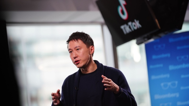 Shouzi Chew, chief executive officer of TikTok Inc., during an interview for an episode of "The David Rubenstein Show: Peer-to-Peer Conversations" at the TikTok office in New York, U.S., on Thursday, Feb. 17, 2022. ByteDance Ltd.'s TikTok has emerged as the top challenger to the social media dominance of Meta Platforms Inc., the parent company of Facebook and Instagram.