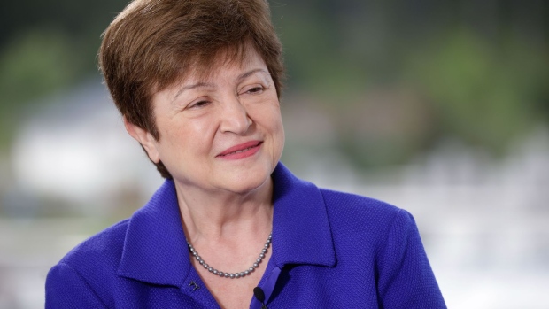 Kristalina Georgieva, managing director of the International Monetary Fund (IMF), during a Bloomberg Television interview on the opening day of the World Economic Forum (WEF) in Davos, Switzerland, on Monday, May 23, 2022. The annual Davos gathering of political leaders, top executives and celebrities runs from May 22 to 26.