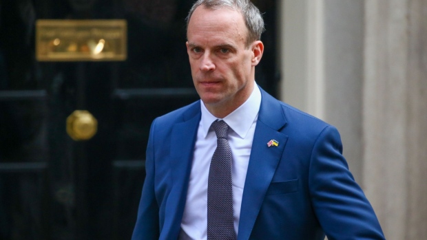 Dominic Raab, U.K. deputy prime minister, departs following a meeting of cabinet ministers ahead of the presentation of the spring statement in London, U.K., on Wednesday, March 23, 2022. U.K. Chancellor of the Exchequer Rishi Sunak is due to give his spring statement amid pressure from his own MPs to announce new support to help Britons through a growing cost-of-living crisis.