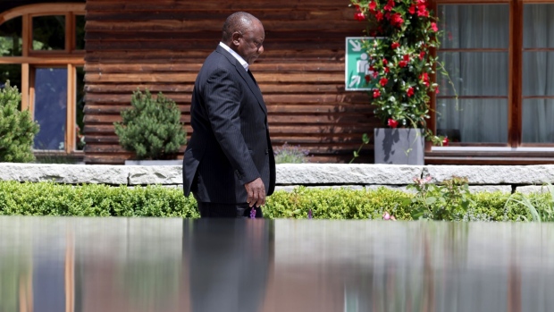 Cyril Ramaphosa, South Africa's president, arrives on day two of the Group of Seven (G-7) leaders summit at the Schloss Elmau luxury hotel in Elmau, Germany, on Monday, June 27, 2022. G-7 nations are set to announce an effort to pursue a price cap on Russian oil, US officials said, though there is not yet a hard agreement on curbing what is a key source of revenue for Vladimir Putin for his war in Ukraine. Photographer: Liesa Johannssen-Koppitz/Bloomberg