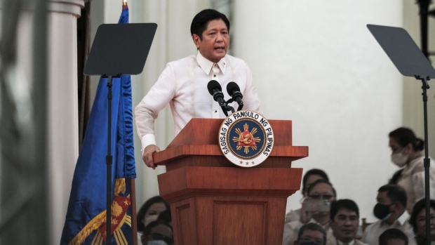 Ferdinand "BongBong" Marcos Jr., the Philippines' president, speaks during the swearing-in ceremony at the Old Legislative Building in Manila, the Philippines, on Thursday, June 30, 2022. Marcos won the presidency by a landslide with a campaign that promised unity and pandemic recovery, and which got a boost from social media posts positively portraying the dictatorship despite economic downturn and human rights violations at that time. Photographer: Veejay Villafranca/Bloomberg