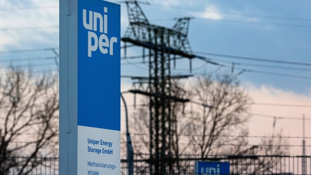 Signage for the Falkenhagen Power-to-Gas Pilot Plant operated by Uniper NV in Falkenhagen, Germany, on Monday, May 2, 2022. The pilot plant developed by Uniper, which posted a quarterly loss as it opted to keep natural gas in storage to sell later at higher prices, converts wind power into hydrogen and synthetic methane.