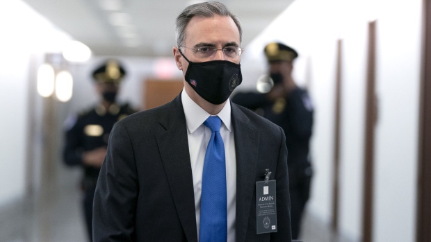 Pat Cipollone, White House counsel, wears a protective mask while arriving before a Senate Judiciary Committee confirmation hearing in Washington, D.C., U.S., on Wednesday, Oct. 14, 2020. Senate Democrats enter a second day of questioning Amy Coney Barrett having made few inroads in their fight to keep her off the Supreme Court and elicited few clues about how she would rule on key cases.