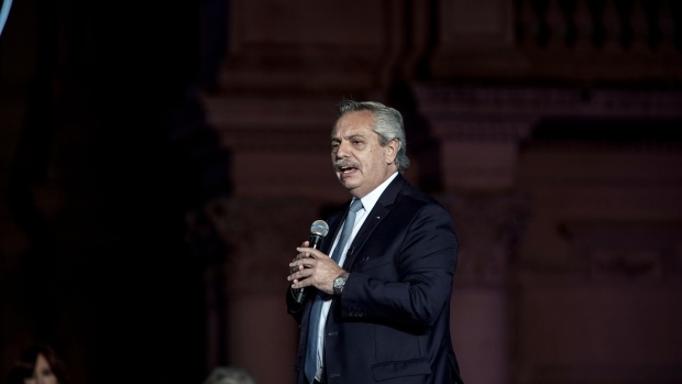 Alberto Fernandez, Argentina's president, speaks during a Day of Democracy and Human Rights event in Buenos Aires, Argentina, on Friday, Dec. 10, 2021. The Argentinian Government organized the event in Buenos Aires to commemorate the 38th anniversary of the return to democracy.