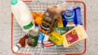 A basket of staple food items at an Iceland Foods Ltd. supermarket in Christchurch, UK, on Wednesday, June 15, 2022. "Britain's cost-of-living crisis -- on track to big the biggest squeeze since the mid-70s -- will continue to worsen before it starts to ease at some point next year," said Jack Leslie, senior economist at the Resolution Foundation, a research group campaigning against poverty.