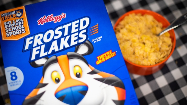 Kellogg brand Frosted Flakes cereal arranged in Hastings-on-Hudson, New York, US, on Wednesday, June 22, 2022. Kellogg Co. said it will split into three independent companies, sparking a rally in the food conglomerates shares. Photographer: Tiffany Hagler-Geard/Bloomberg