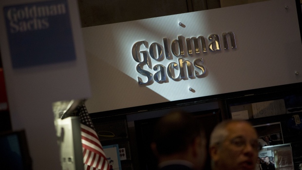 The Goldman Sachs & Co. logo is displayed at the company's booth on the floor of the New York Stock Exchange (NYSE) in New York.