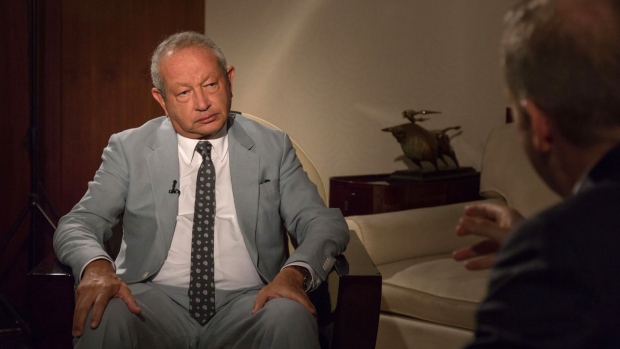 Naguib Sawiris, billionaire and chairman of Orascom Telecom Media and Technology Holding SAE, pauses during a Bloomberg Television interview in Cairo, Egypt on Sunday, April 29, 2018. Sawiris said that he believes gold prices will rally further, reaching $1,800 per ounce from just above $1,300 now, while “overvalued” stock markets crash.