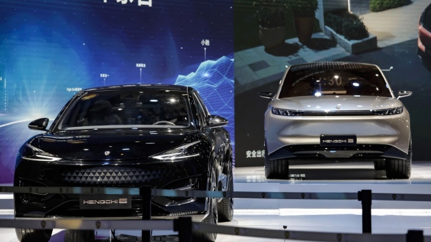 China Evergrande New Energy Vehicle Group Ltd.'s Hengchi 6 and 9 electric vehicles at the Auto Shanghai 2021 show in Shanghai, China, on Monday, April 2021. Evergrande NEV is a stock-market darling, with its shares rallying more than 1,000% over the past 12 months, giving it a market value greater than Ford Motor Co. and General Motors Co.