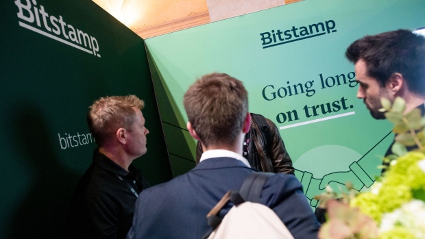 The Bitstamp Ltd. booth at the Blockchain Week Summit in Paris, France, on Wednesday, April 13, 2022. The three-day conference brings together the brightest minds, business professionals and leading investors to help you navigate the blockchain industry, according to the event's organisers. Photographer: Benjamin Girette/Bloomberg