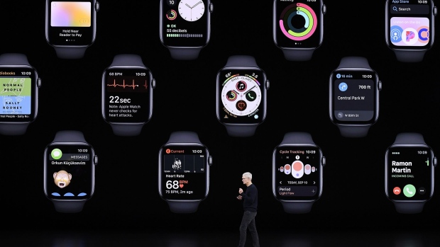 Tim Cook, chief executive officer of Apple Inc., speaks about Apple Watch during an event at the Steve Jobs Theater in Cupertino, California, U.S., on Tuesday, Sept. 10, 2019. Apple said its TV+ original video subscription service will launch Nov. 1 for $4.99 a month, undercutting the price of rival offerings.