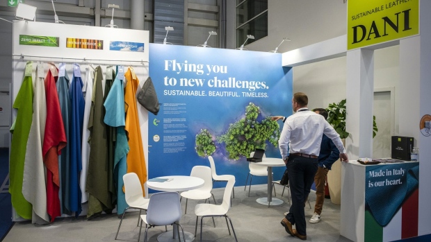 A trade-show booth displaying samples of leather billed as sustainable in Hamburg, Germany, June 15, 2022.  Photographer: Imke Lass/Bloomberg