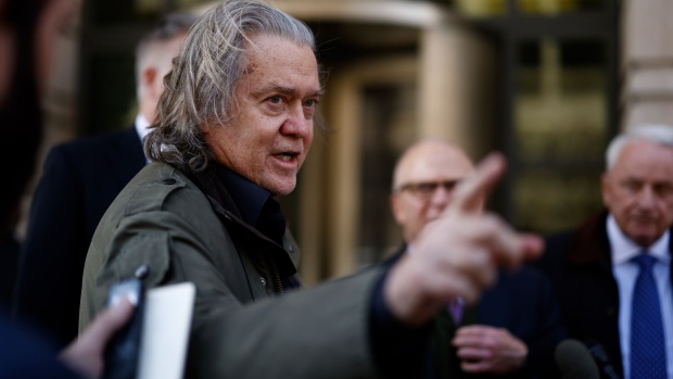 Steve Bannon, former adviser to Donald Trump, speaks to members of the media while departing from federal court in Washington, D.C., U.S., on Wednesday, March 16, 2022. Bannon is facing contempt of Congress charges related to the investigation of the January 6, 2021, siege at the U.S. Capitol.