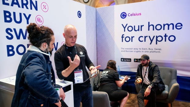 The booth of the Celsius Network crypto platform at the Paris NFT Day conference in Paris, France, on Tuesday, April 12, 2022. Paris NFT Day is part of the three-day Paris Blockchain Week Summit that brings together the brightest minds, business professionals and leading investors in the blockchain industry, according to the event's organizers.