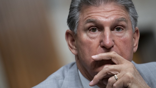 Senator Joe Manchin, a Democrat from West Virginia, speaks during a Senate Armed Services Committee hearing in Washington, D.C., U.S., on Tuesday, May 10, 2022. Russia's occupation of Ukraine threatens to weaken Moscow's power but leave it more determined to confront the US and allies and to wield nuclear threats, a top US spy said.