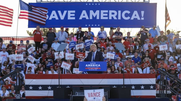 Former U.S. President Donald Trump speaks during the 'Save America' rally at the Delaware County Fairgrounds in Delaware, Ohio, U.S., on Saturday, April 23, 2022. The May 3 Republican primary for U.S. Senate in Ohio, is to replace retiring Republican U.S. Senator Rob Portman, who endorsed former Ohio Republican Party Chairwoman Jane Timken in the race, in a contest that could help determine control of the Senate, currently deadlocked at 50-50 between Democrats and Republicans. Photographer: Eli Hiller/Bloomberg