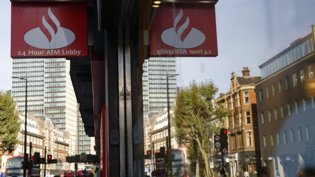 Signage outside a Banco Santander SA bank branch in London, U.K., on Friday, Oct. 22, 2021. The leaders of Europe's top banks agree they have a lot riding on the recent surge in consumer prices.