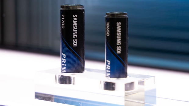 Samsung SDI Co. batteries displayed at the InterBattery exhibition in Seoul, South Korea, on Thursday, March 17, 2022. The exhibiton will run through March 19.