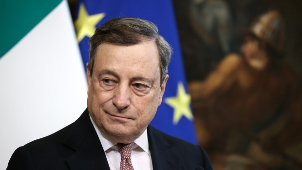 Mario Draghi, Italy's prime minister, during a news conference following his meeting with Fumio Kishida, Japan's prime minister, at the Chigi Palace in Rome, Italy, on Wednesday, May 4, 2022. Russia has barred 63 citizens of Japan, including Kishida, some government officials, lawmakers and journalists from entry, the Russian Foreign Ministry said in a statement on its website. Photographer: Alessia Pierdomenico/Bloomberg