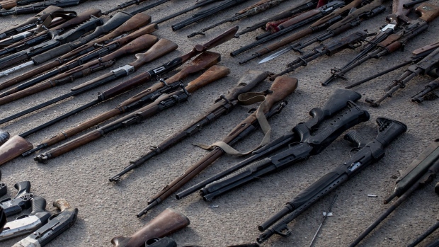 Seized ISIL weapons that were found in the last stronghold of the extremist group as they were displayed at an SDF base on March 22, 2019 outside Al Mayadin, Syria.