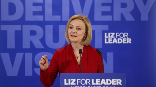 Liz Truss, UK foreign secretary, during her formal Conservative party leadership campaign launch in London, UK, on Thursday, July 14, 2022. The UK Conservative Party will hold a latest ballot Thursday in the contest to elect their new leader and Britain’s next prime minister.