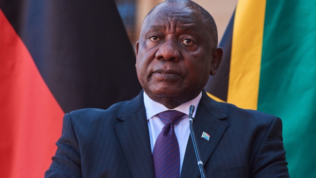 Cyril Ramaphosa, South Africa's president, during a news conference with Olaf Scholz, Germany's chancellor, at the Union Buildings in Pretoria, South Africa, on Tuesday, May 24, 2022. Scholz is visiting South Africa as part of his first African tour since becoming chancellor.