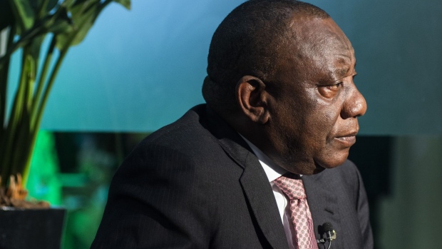 Cyril Ramaphosa, South Africa's president, pauses during a Bloomberg Television interview during the South African Investment Conference in Johannesburg on Wednesday, Nov. 6, 2019. Ramaphosa said his administration is on track to lure $100 billion in new investment within five years, with more than $16 billion already committed and many more projects in the pipeline.