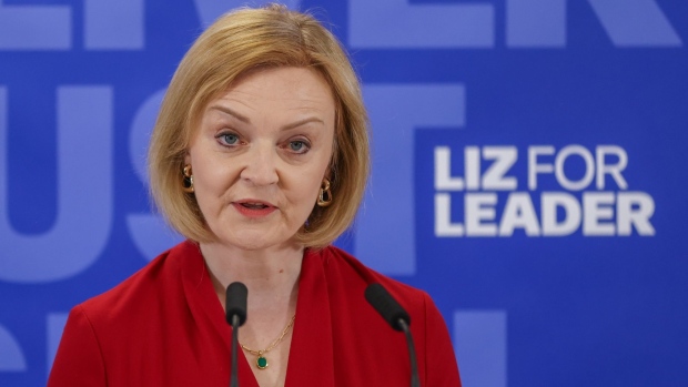 Liz Truss, UK foreign secretary, during her formal Conservative party leadership campaign launch in London, UK, on Thursday, July 14, 2022. The UK Conservative Party will hold a latest ballot Thursday in the contest to elect their new leader and Britain’s next prime minister.
