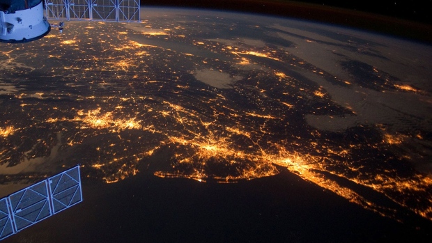 The Atlantic coast of the United States taken at night from the International Space Station.