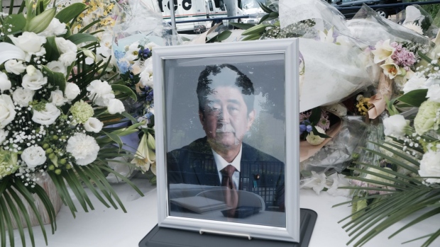 A photograph of former Prime Minister Shinzo Abe at a makeshift memorial at the LDP headquarters.