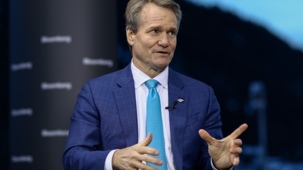 Brian Moynihan, chief executive officer of Bank of America Corp., gestures as he speaks during a Bloomberg Television interview on the opening day of the World Economic Forum (WEF) in Davos, Switzerland, on Tuesday, Jan. 21, 2020. World leaders, influential executives, bankers and policy makers attend the 50th annual meeting of the World Economic Forum in Davos from Jan. 21 - 24.
