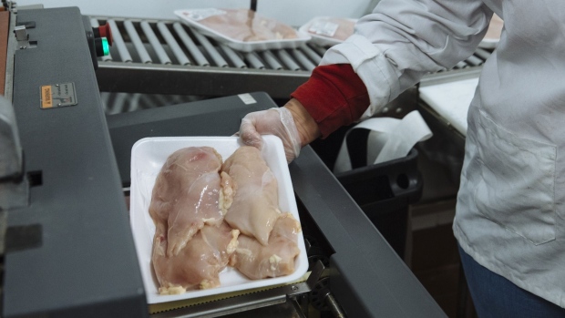 A worker places chicken breasts in a machine to be weighed and packaged in the butcher section of a Stew Leonard's supermarket in Paramus, New Jersey, U.S., on Tuesday, May 12, 2020. Stew Leonard Jr. said that meat packing plant the company uses is operating at about 70 percent capacity, and he expects it to rebound to full capacity in about a month, CT Post reported. Photographer: Angus Mordant/Bloomberg