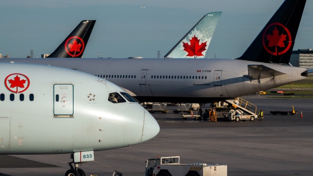 Air Canada planes on the tarmac at Toronto Pearson International Airport (YYZ) in Mississauga, Ontario, Canada, on Thursday, June 2, 2022. Air Canada is Canada's largest domestic and international airline, and a popular choice to bring travelers to its neighbor, the United States.
