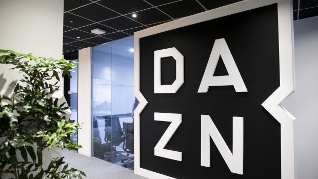 The DAZN logo is displayed at the company's offices in Tokyo, Japan, on Wednesday, Aug. 2, 2017. DAZN, a UK-owned sports streaming service, rattled Japan’s broadcasting world with an audacious 210 billion yen ($1.9 billion) swoop to stream the nation’s J-League soccer competition, and has snapped up rights for sports from MLB to UFC.
