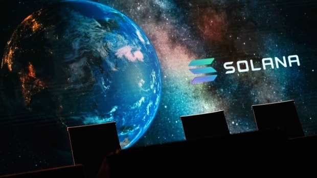 Solana signage at the NFT LA conference in Los Angeles, California, U.S., on Thursday, March 31, 2022. NFT LA is an integrated conference experience fused with immersive Metaverse integrations. Photographer: Bing Guan/Bloomberg