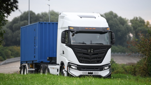A Nikola Tre battery-electric heavy duty truck on the Iveco test track in Ulm.