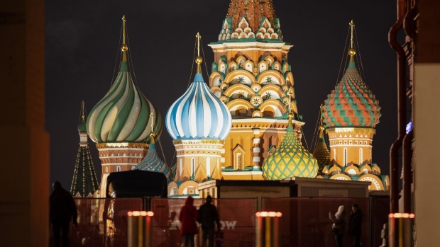 Saint Basil's Cathedral on Red Square at night in Moscow, Russia, on Friday, Nov. 12, 2021. The U.S. is raising the alarm with European Union allies that Russia may be weighing a potential invasion of Ukraine as tensions flare between Moscow and the bloc over migrants and energy supplies.