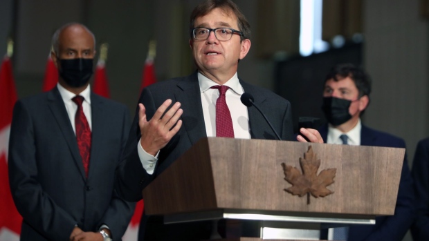 Jonathan Wilkinson, Canada's natural resources minister, speaks during a news conference in Ottawa, Ontario, Canada, on Tuesday, Oct. 26, 2021. Prime Minister Justin Trudeau unveiled a new cabinet that puts an environmental activist in charge of climate policy, while shuffling other key posts in a bid by the Canadian prime minister to breathe new life into an administration entering its seventh year in power.
