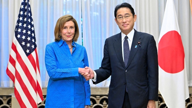 Nancy Pelosi and Fumio Kishida in Tokyo on Aug. 5. Source: Japan Pool/Jiji Press/AFP/Getty Images