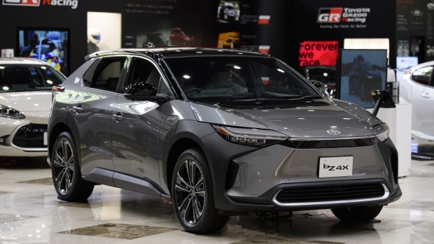 A Toyota Motor Corp. bZ4X electric sport utility vehicle (SUV) on display at the company's showroom in Toyota City, Aichi Prefecture, Japan, on Monday, June 13, 2022. Toyota will hold its annual shareholders' meeting on June 15.