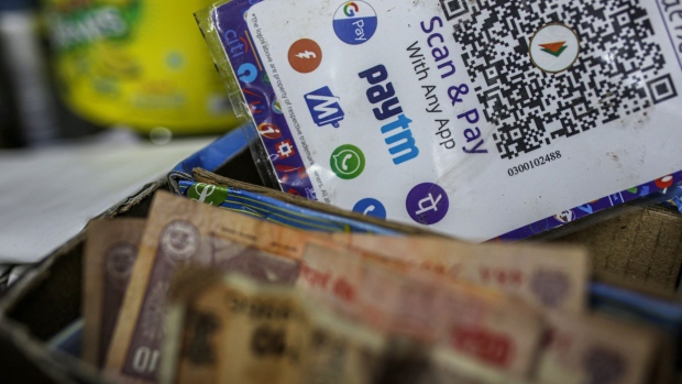 A QR code for a Paytm digital payment at a general store in Mumbai, India, on Saturday, July 17, 2021. Paytm, the Indian digital payments pioneer backed by SoftBank Group Corp., is seeking approval for a $2.2 billion initial public offering that could be India's largest.