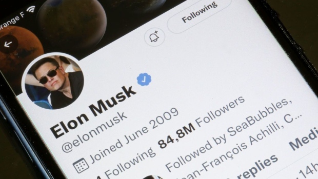 PARIS, FRANCE - APRIL 26: In this photo illustration, the Elon Musk’s Twitter account is displayed on the screen of an iPhone on April 26, 2022 in Paris, France. The U.S. multi-billionaire Elon Musk bought the social network Twitter on Monday April 25 for the sum of 44 billion dollars after two weeks of arm wrestling with the company's board of directors. (Photo illustration by Chesnot/Getty Images) Photographer: Chesnot/Getty Images Europe