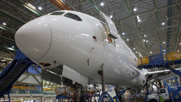 The nose of a 787 airplane is seen during the manufacturing process at the Boeing Co. facility in Everett, Washington.