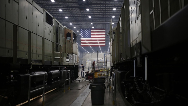 An American flag hangs at a factory in Fort Worth, Texas.