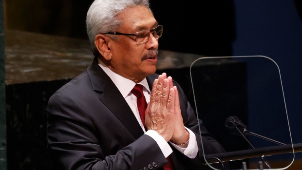 NEW YORK, NEW YORK - SEPTEMBER 22: President of Sri Lanka Gotabaya Rajapaksa speaks at the UN General Assembly 76th session General Debate in UN General Assembly Hall at the United Nations Headquarters on September 22, 2021 in New York City. More than 100 heads of state or government are attending the session in person, although the size of delegations are smaller due to the Covid-19 pandemic. (Photo by John Angelillo-Pool/Getty Images)