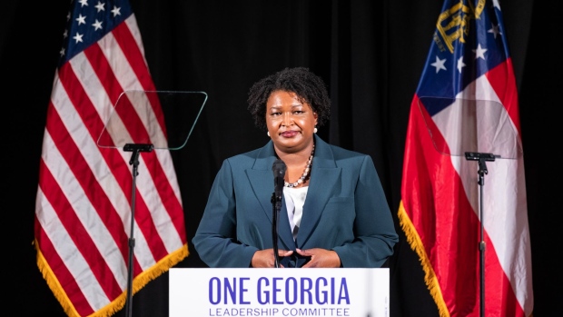 Stacey Abrams, Democratic gubernatorial candidate for Georgia, during a news conference on Georgia's economy in Atlanta, Georgia, US, on Tuesday, Aug. 9, 2022. Abrams highlighted her plans to create jobs, expand opportunity and grow Georgia’s economy — all without raising taxes.