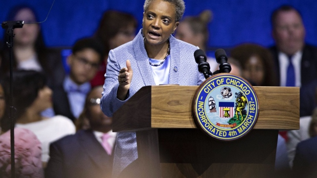 Lori Lightfoot, mayor of Chicago, speaks after being sworn in during an inauguration ceremony in Chicago, Illinois, U.S., on Monday, May 20, 2019. Chicago makes history Monday as Lightfoot becomes its first black, female mayor after sweeping all 50 wards by promising to reform the third-biggest U.S city.
