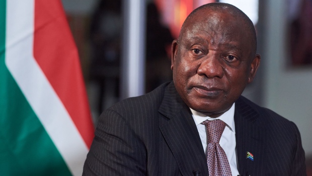 Cyril Ramaphosa, South Africa's president, during a Bloomberg Television interview at the South Africa Investment Conference in Johannesburg, South Africa, on Thursday, March 24, 2022. The South African rand is up more than 7% this year, reversing losses seen at end-2021.